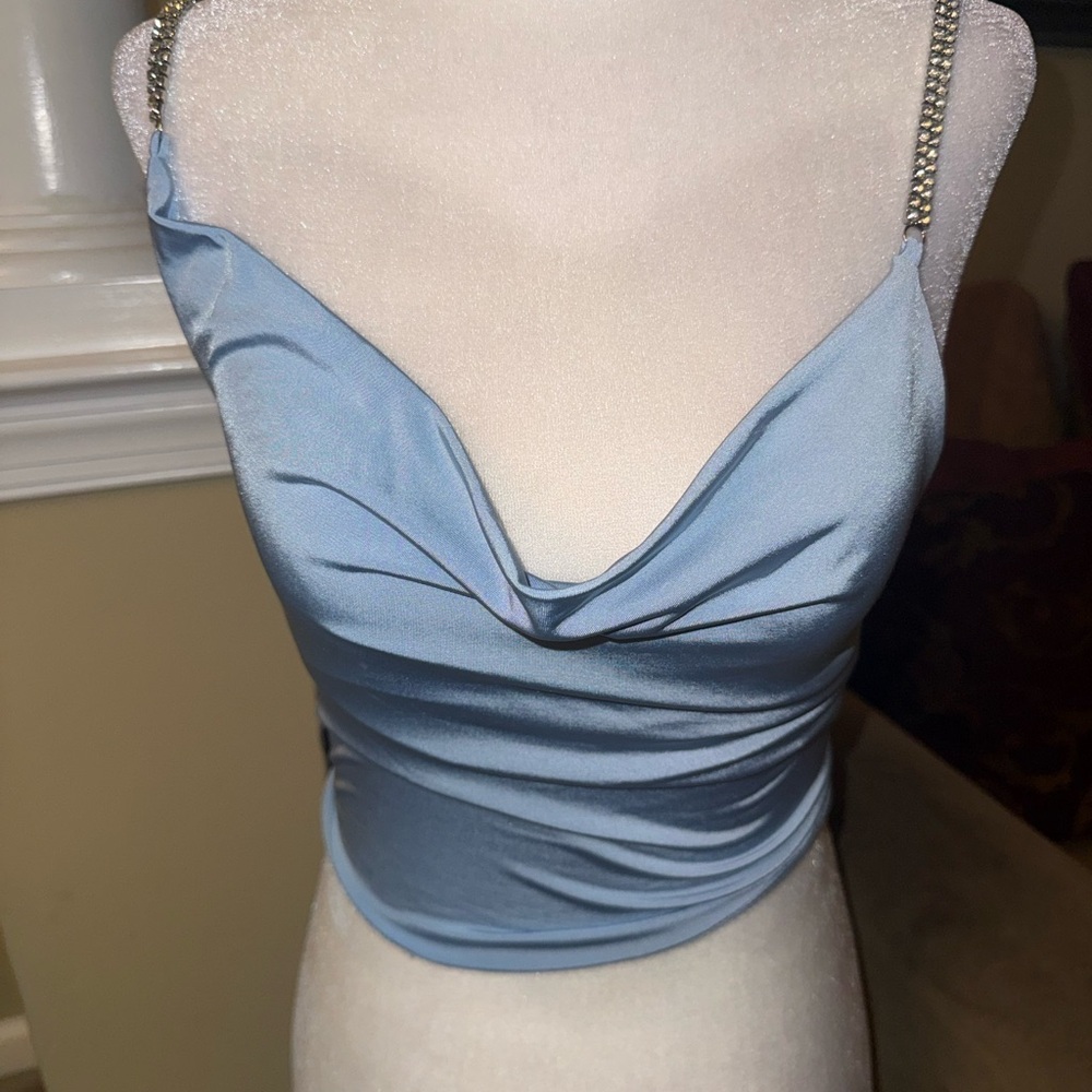 Windsor Light Blue Satin Cowl Neck Top with Bedazzled Chain Straps